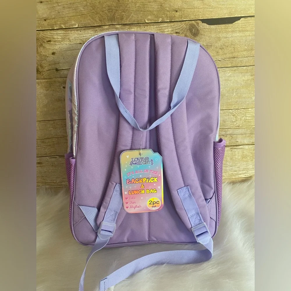 Love at 1st Sight Backpack Lunch Bag Combo Holographic Purple School Bag New